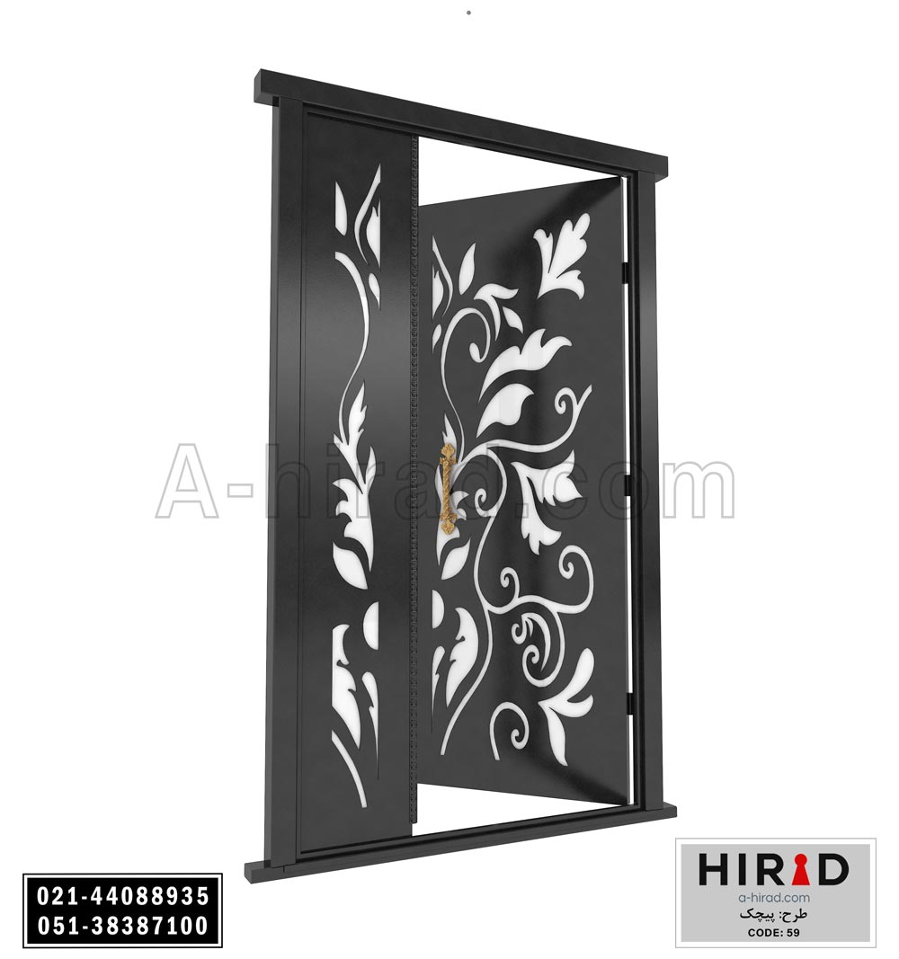 درب فلزی لیزری یک و نیم لنگه هیراد طرح پیچک کد 1559 عرض 153 ارتفاع 223 